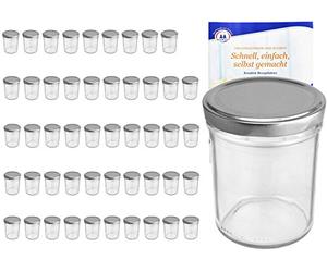 MamboCat Lot de 50 pots en verre antidérapant 230 ml avec couvercle argenté TO66et livret de recettes de la marque de sucre gélifiant Diamant A utiliser comme pots à confiture Pots Mason Jars