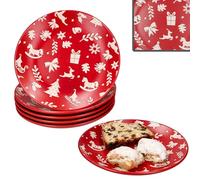 MamboCat Lot de 6 assiettes à dessert de l'Avent - Diamètre : 20 cm - En faïence rouge avec motifs de Noël - Crème - Assiettes à pâtisserie d'hiver pour Noël, l'Avent et Saint-Nicolas