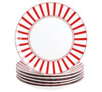 MamboCat Lot de 6 assiettes à gâteau Split rouges - Assiettes à petit-déjeuner en porcelaine blanche avec rayures pour 6 personnes - Petites assiettes pour salade, dessert, amuse-bouches, etc.
