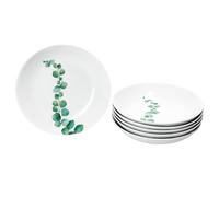 MamboCat Lot de 6 assiettes creuses en eucalyptus de 350 ml - Assiettes creuses en porcelaine blanche pour 6 personnes avec décor végétal - Assiettes pour salade, soupe, pâtes, etc. - Vaisselle pour
