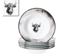 MamboCat Lot de 6 assiettes creuses Toro I 200 ml I Assiettes en porcelaine blanche et rose avec motif vache pour 6 personnes I Assiettes creuses de style maison de campagne pour salade, soupe