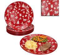 MamboCat Lot de 6 assiettes plates de l'Avent - Diamètre : 27 cm - En faïence rouge avec motifs de Noël en crème - Grande assiette d'hiver pour Noël, l'Avent et Saint-Nicolas