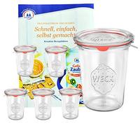 MamboCat Lot de 6 bocaux Originaux Weck 3/4 litres, 850 ML, Verre à Bord Rond RR100 + Couvercle en Verre + Joint d'étanchéité + Pinces Weck + livret