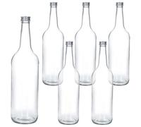 MamboCat Lot de 6 bouteilles à col droit de 1 l + bouchon à vis argenté I Bouteille en verre durable avec couvercle à visser 1000 ml I À remplir pour jus, eau, huile, vinaigrette, etc