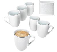 MamboCat Lot de 6 tasses à café Venise - 300 ml - Pour 6 personnes - En porcelaine blanche avec relief aspect galets avec ligne grise - Pour boissons chaudes comme le thé, le cacao, etc