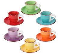 MamboCat Lot de 6 tasses à expresso colorées unies avec soucoupes I 80 ml I Petites tasses à moka multicolores + soucoupe en faïence pour 6 personnes avec différentes couleurs et décor tourbillon