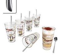MamboCat Lot de 6 verres à latte macchiato Candy - 300 ml - Avec cuillère Twist Latte Macchiato - 19 cm de long - Pour 6 personnes - 6 verres empilables avec décor d'écriture et 6 cuillères longues en