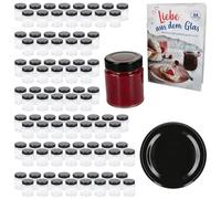 MamboCat Lot de 96 bocaux à confiture de 161 ml avec couvercle à visser noir I bocaux à bord haut + couvercles Deep to 58 avec recette de sucre diamant I Bocaux de conservation