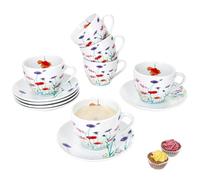MamboCat Marie Lot de 6 tasses à café avec soucoupes pour 6 personnes - En porcelaine avec prairie florale pour le petit-déjeuner et le café - 6 tasses à thé de 190 ml et 6 soucoupes