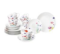 MamboCat Marie Service à café 18 pièces Vaisselle en porcelaine décor prairie florale pour 6 personnes 6 tasses de 190 ml, soucoupes et assiettes
