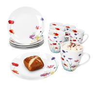 MamboCat Marie Service de petit-déjeuner 12 pièces I Vaisselle en porcelaine avec décor prairie florale pour 6 personnes I 6 assiettes et 6 gobelets de 320 ml pour le petit-déjeuner et le café