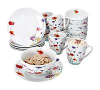 MamboCat Marie Service de petit-déjeuner 18 pièces - Vaisselle en porcelaine avec décor prairie florale pour 6 personnes - 6 assiettes, bols de 400 ml et gobelets de 320 ml pour le petit déjeuner et