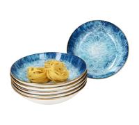 MamboCat Marina Lot de 6 assiettes creuses I 450 ml I Assiettes creuses en porcelaine bleue au design maritime pour 6 personnes I Décor océan Embrush I Assiettes creuses pour salade, soupe, céréales