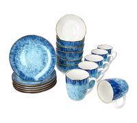 MamboCat Marina Service de petit-déjeuner 18 pièces I 6 petites assiettes à petit-déjeuner bleues, bol à céréales et tasses à café pour 6 personnes avec design maritime pour le petit déjeuner et le