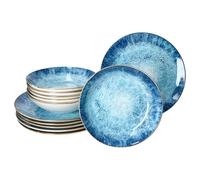 MamboCat Marina Service de table 12 pièces I Vaisselle en porcelaine bleue avec design maritime pour 6 personnes I Décor océan Gischt I 6 assiettes creuses et 6 assiettes plates pour le petit déjeuner