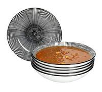 MamboCat Nagano, set de 6 assiettes à soupe I Vaisselle robuste en faïence pour 6 personnes I Set de 6 assiettes creuses au motif de lignes fines et modernes I Assiettes creuses en noir et blanc