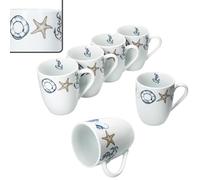 MamboCat Neptun Lot de 6 tasses à café, 280 ml, en porcelaine, avec anse et motifs maritimes, pour 6 personnes, pour boissons chaudes comme le thé, le cacao, etc