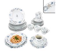 MamboCat Neptun Service de table 30 pièces en porcelaine avec motifs maritimes ancre, coquillages, etc. pour 6 personnes, 6 tasses, soucoupes, gâteaux, assiettes à soupe et assiettes plates