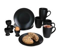 MamboCat Nero Ensemble de petit-déjeuner 12 pièces noir I 4 petites assiettes mates, 4 tasses à café de 250 ml et coquetiers pour 4 personnes I Tasse, assiettes à gâteau I Vaisselle en faïence pour le