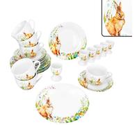 MamboCat Osterfreude Lot de 24 pièces pour petit-déjeuner I 6 assiettes à gâteau, 6 tasses à café de 200 ml, 6 soucoupes et 6 coquetiers avec décor lapin de Pâques I 6 personnes, porcelaine I Petit