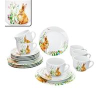 MamboCat Osterfreude Service à café 18 pièces - Vaisselle en porcelaine printanière avec décor lapin de Pâques pour 6 personnes - 6 tasses de 200 ml chacune, 6 soucoupes et 6 assiettes pour