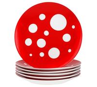 MamboCat Pula - Lot de 6 assiettes à gâteau rouges - Assiettes à petit-déjeuner en porcelaine blanche avec pois pour 6 personnes - Petites assiettes pour salade, dessert, amuse-bouches, etc.