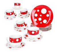 MamboCat Pula Rouge Service à café 18 pièces I Vaisselle en porcelaine blanche à pois pour 6 personnes I 6 tasses de 200 ml, soucoupes et assiettes pour petit-déjeuner et café