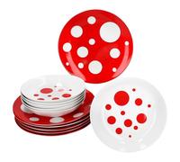 MamboCat Pula Service de table 12 pièces - Rouge - Vaisselle en porcelaine blanche à pois pour 6 personnes - 6 assiettes creuses et 6 assiettes plates pour petit-déjeuner, déjeuner et dîner
