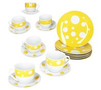 MamboCat Pula Yellow Service à café 18 pièces - Vaisselle en porcelaine blanche à pois pour 6 personnes - 6 tasses de 200 ml - 6 soucoupes et 6 assiettes pour petit-déjeuner et café
