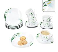 MamboCat Service à café 18 pièces White Calla I Vaisselle élégante en porcelaine avec décor floral pour 6 personnes I 6 tasses de 150 ml, soucoupes et assiettes pour petit-déjeuner et café
