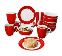 MamboCat Service de petit-déjeuner Variant rouge 18 pièces I 6 petites assiettes, bol 450 ml et tasse à café 350 ml, hauteur 10,3 cm pour 6 personnes I Vaisselle en porcelaine pour le petit déjeuner