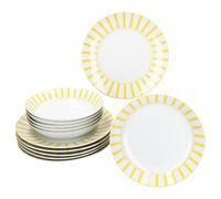 MamboCat Service de table Split jaune 12 pièces I Vaisselle en porcelaine blanche à rayures pour 6 personnes I 6 assiettes creuses & 6 assiettes plates pour petit-déjeuner, déjeuner et dîner