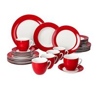 MamboCat Service de table Variant Rouge 30 pièces I Service de table en porcelaine avec bord rouge pour 6 personnes I 6 tasses à café de 200 ml, 6 soucoupes, assiettes à gâteau, assiettes creuses et