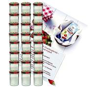 MamboCat Set de 25 bocaux en verre de 435 ml avec couvercle à visser, décorés de fruits jaunes et de poires, livret de recettes inclus, à mettre au four
