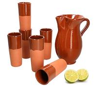 MamboCat Set de 7 pièces 1 pichet en Terre Cuite 1,9 + 6 gobelets en Terre Cuite 300 ML 6 Personnes Méditerranée Pièce Unique Faite à la Main Carafe en métal Verre à vin Marché médiéval