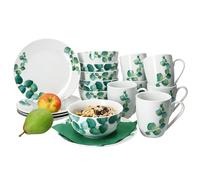 MamboCat Set de Petit-Déjeuner 18 Pièces Eucalyptus I 6 Assiettes, Bols 400 ml et Tasses à Café 340 ml pour 6 Personnes I Vaisselle en Porcelaine Décor Plantes Vertes