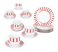 MamboCat Split Red Service à café 18 pièces I Vaisselle en porcelaine blanche à rayures pour 6 personnes I 6 tasses de 200 ml, 6 soucoupes et 6 assiettes pour petit-déjeuner et café