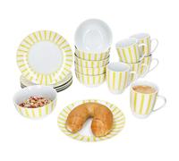 MamboCat Split Set de petit-déjeuner 18 pièces - 6 assiettes à gâteau rayées, bols à céréales de 400 ml et tasses à café de 300 ml en porcelaine - 6 personnes - Décor à rayures jaunes pour le petit