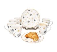 MamboCat Stars Set de petit-déjeuner 12 pièces noir et doré I 6 petites assiettes à petit-déjeuner et 6 tasses à café de 300 ml pour 6 personnes avec étoiles et flocons de neige I Noël