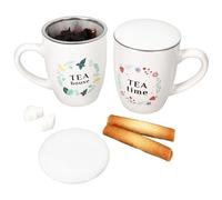 MamboCat Tea Time & Tea House Lot de 2 tasses à thé avec passoire et couvercle, 270 ml, en porcelaine, pour thé en vrac et en sachet, blanc, avec deux décors, petit-déjeuner et heure du thé