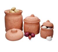 MamboCat Terra Boîte de rangement Lot de 3 pots pots à pommes de terre, oignons et ail en terre cuite avec couvercle Idéal pour stockage prolongé