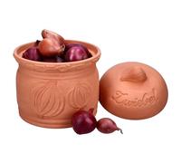 MamboCat Terra Pot à oignons, en terre cuite, diamètre : 17,8 cm, avec couvercle, pour votre cuisine, boîte de rangement élégante avec relief et inscription, idéale pour un stockage prolongé