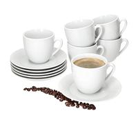 MamboCat Tommy Lot de 6 tasses à café avec soucoupes pour 6 personnes - En porcelaine blanche - Pour le petit-déjeuner et le café - 6 tasses à thé de 200 ml et soucoupes - Vaisselle chic pour la