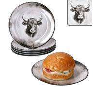 MamboCat Toro Lot de 6 assiettes à gâteau I Assiettes à petit-déjeuner en porcelaine blanche et rose avec motif vache pour 6 personnes I Petites assiettes de style maison de campagne pour salade