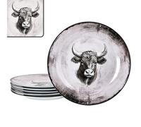 MamboCat Toro Lot de 6 assiettes plates I Ø 26,5 cm I Assiettes en porcelaine blanche et rose avec motif vache pour 6 personnes I Grandes assiettes de style maison de campagne pour les repas