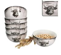 MamboCat Toro Lot de 6 bols à céréales 14,2 cm I 460 ml I Bol en porcelaine blanc et rose avec motif vache pour 6 personnes I Bols de style maison de campagne pour salade, soupe, céréales, chips, etc.