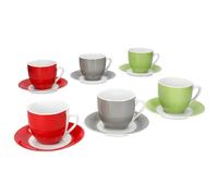 MamboCat Variant Trio Lot de 6 tasses à café avec soucoupes pour 6 personnes en vert, rouge et gris I Ensemble en porcelaine colorée pour le petit-déjeuner et le café I 6 tasses à thé de 200 ml et