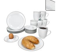 MamboCat Venise Service de brunch 18 pièces - En porcelaine blanche avec relief aspect galets et ligne grise - 6 assiettes, 6 gobelets de 300 ml et 6 coquetiers avec plateau
