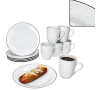 MamboCat Venise Service de petit-déjeuner 12 pièces I Vaisselle en porcelaine blanche avec relief aspect galets et ligne grise I 6 assiettes à gâteau et 6 tasses à café de 300 ml I Pour le petit