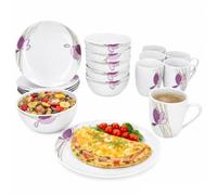 MamboCat Viola Service de petit-déjeuner 18 pièces - 6 assiettes à dessert, 6 tasses à café de 350 ml et 6 bols à céréales de 480 ml en porcelaine - Blanc avec décor floral violet - Pour 6 personnes